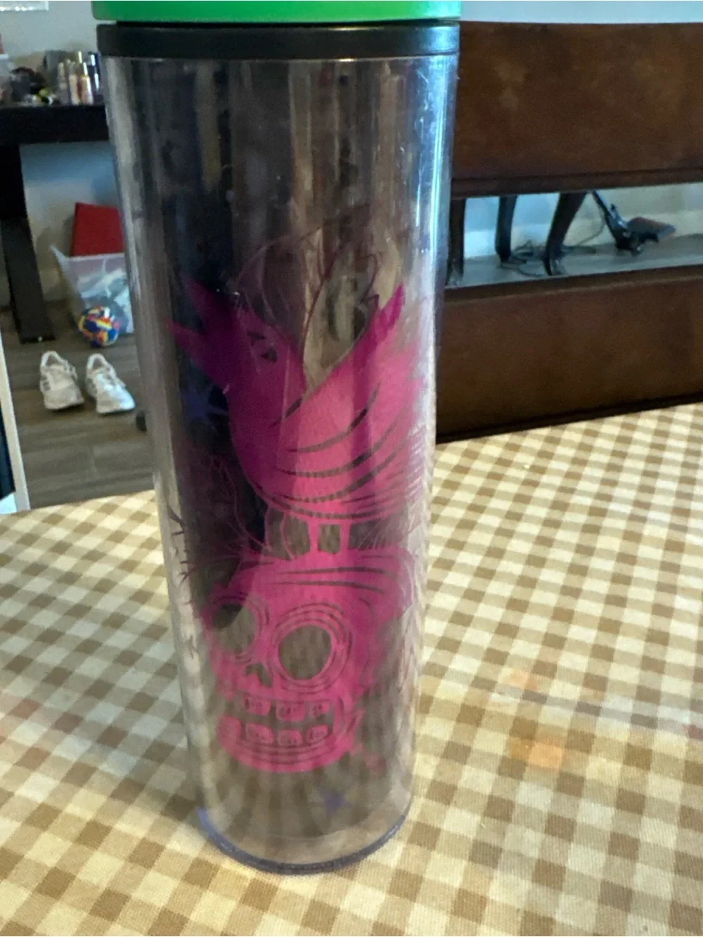 Clear Travel Tumbler with Pink Skull Graphic and Green Lid